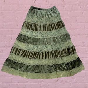 ⏰ Y2K Tiered Green Satin Lace Velour Maxi Skirt M